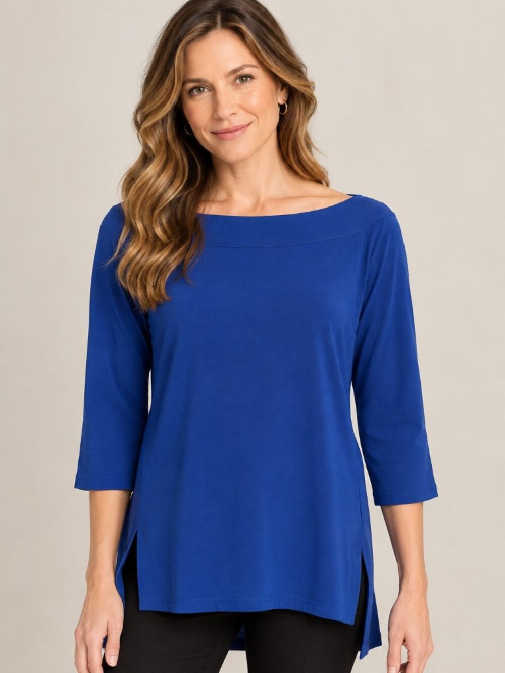 Sympli Cobalt Blue Wide Portrait Neck 3/4 Sleeve Top in Signature Brand Jersey